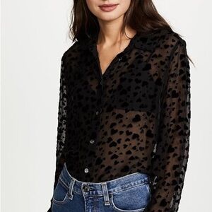 Equipment Femme Black Silk Blend Velvet Heart Sheer Button Up Shirt - Small